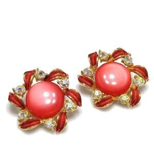 Vintage Red Moonglow Lucite Clip Earrings, Aurora Borealis Rhinestones, 1 1/2 In